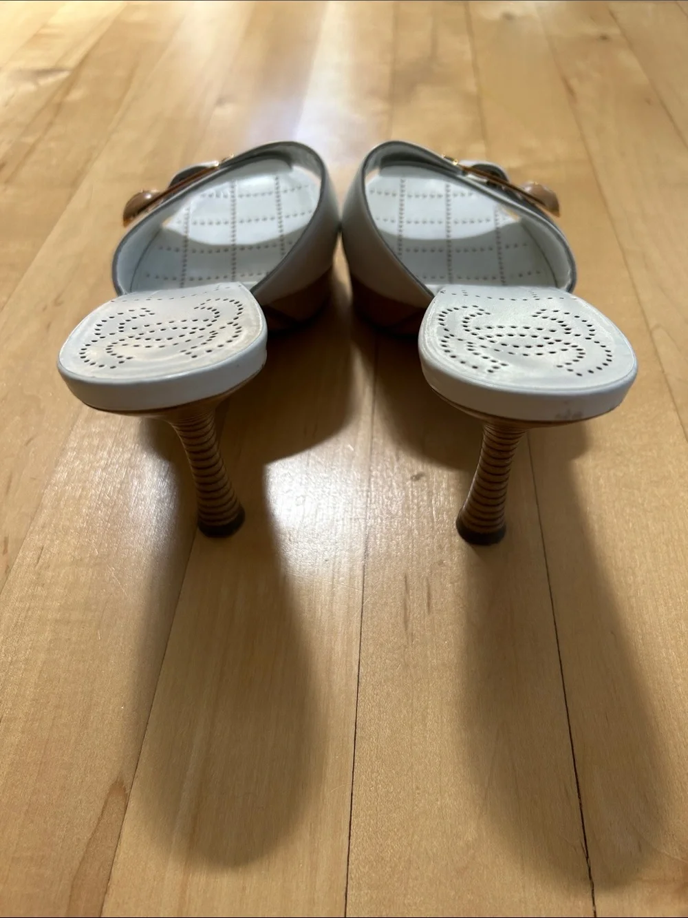 CHANEL White Leather Slide Mules with Gold & Wood Buckle